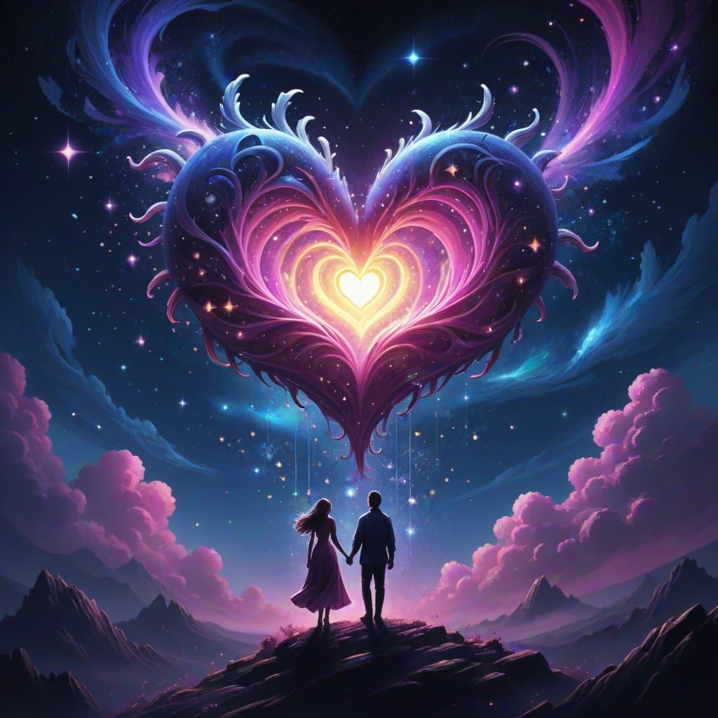 Couple Silhouetted Against Star Heart Sky