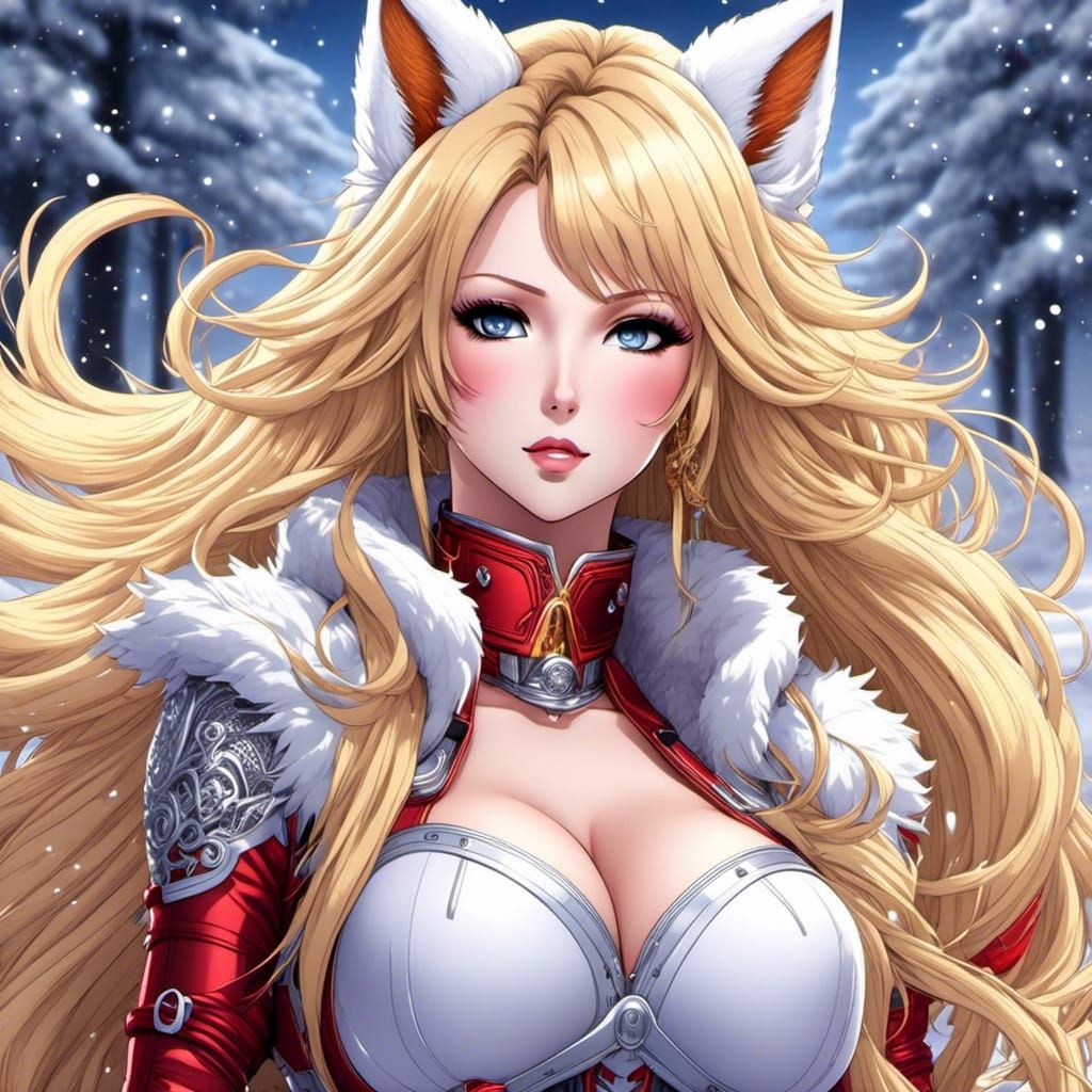 Sapphic Fox-Woman in Snowy Anime Landscape