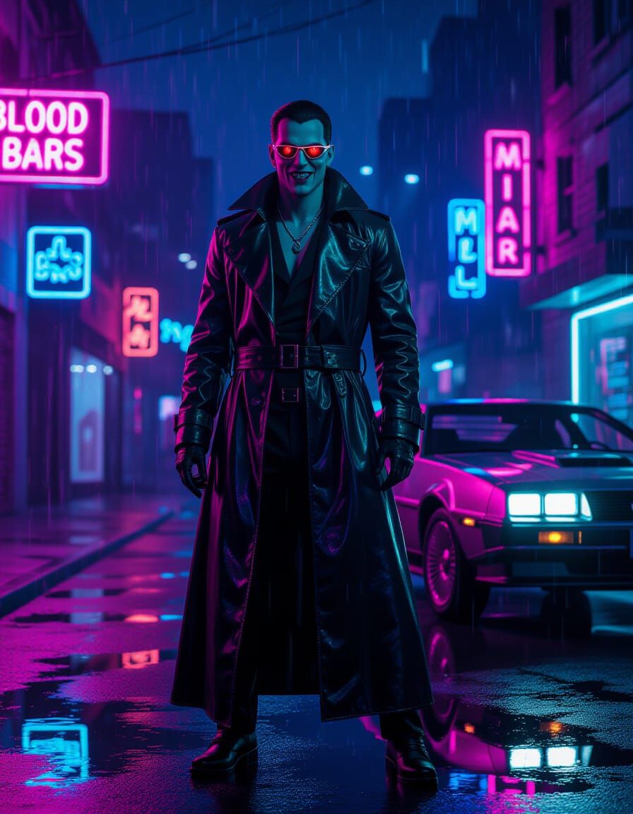 Retro-Futuristic Vampire in Neon Cityscape