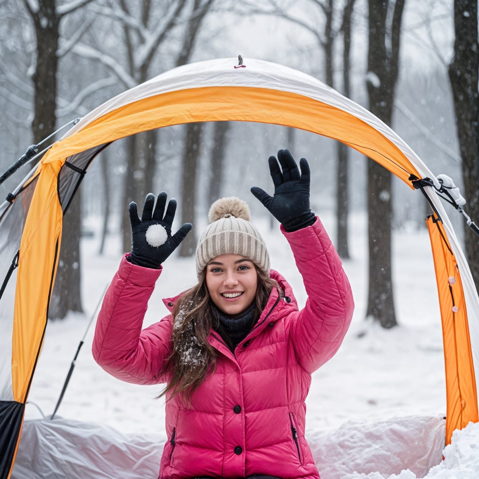 Winter Camping Scene with Girl Throwing Snowball in Bright P...