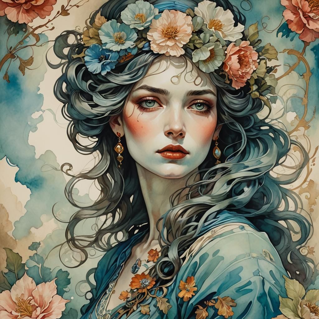 Victorian Woman in Psychedelic Garden, Impasto Painting