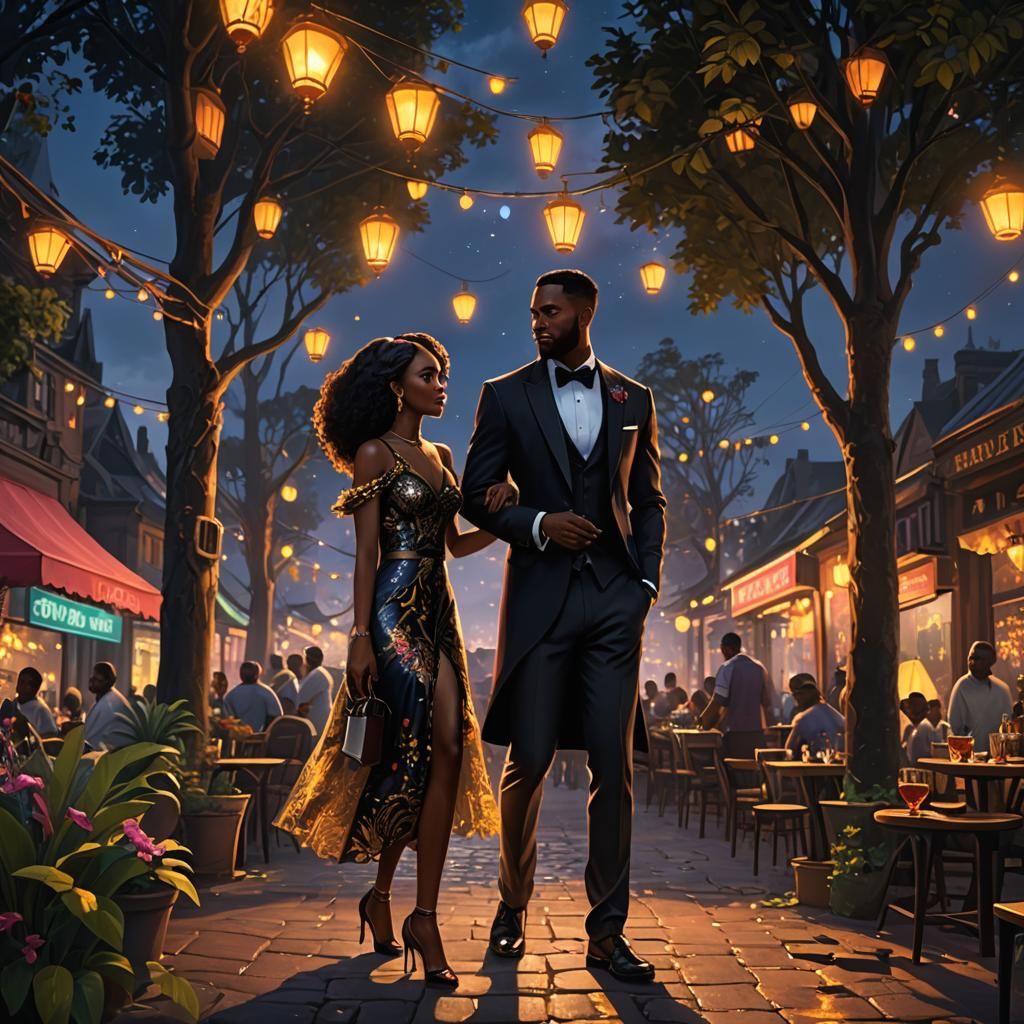 Romantic Black Couple's Date Night Painting: Detailed Fantas...