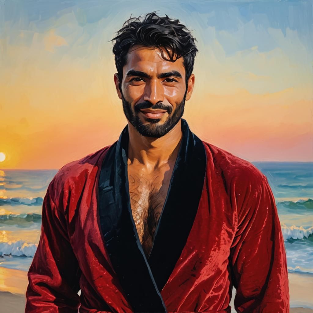 Serene Man in Red Bathrobe: Impressionist Impasto Portrait