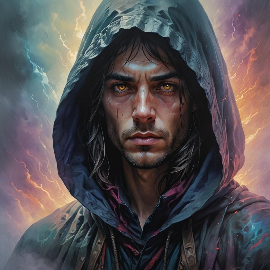 Mystical Traveler Emerging from Fog, Dark Fantasy Portrait