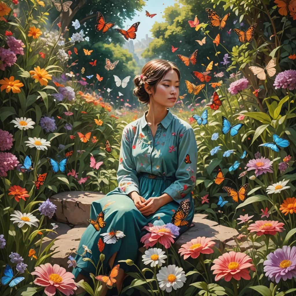 Person in Tranquil Garden: Hyperrealistic Concept Art