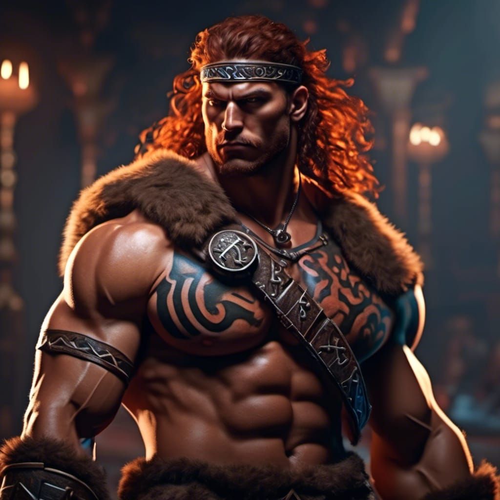 Fierce Barbarian Warrior with Tribal Tattoos