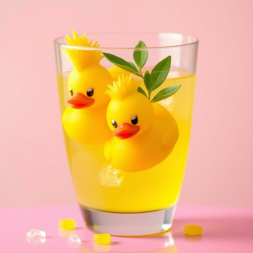 Vibrant Emo Rubber Ducks in Whimsical Lemonade Scene