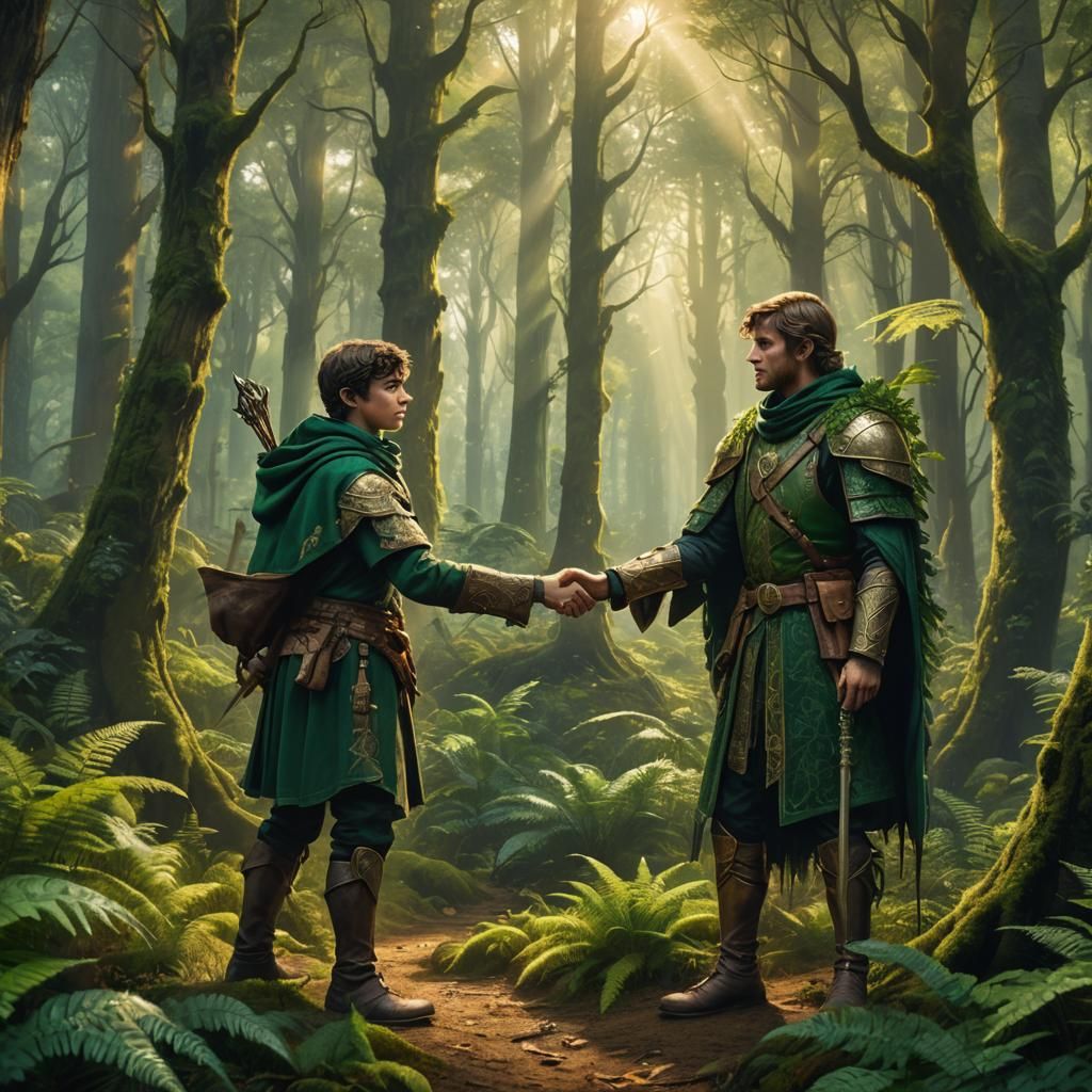 Mystical Forest Encounter: Adventurer and Forest Guard