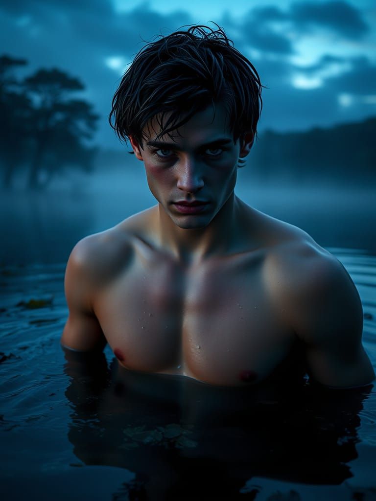 Ethereal Twilight Figure Emerges from Misty Lake in a Cinema...