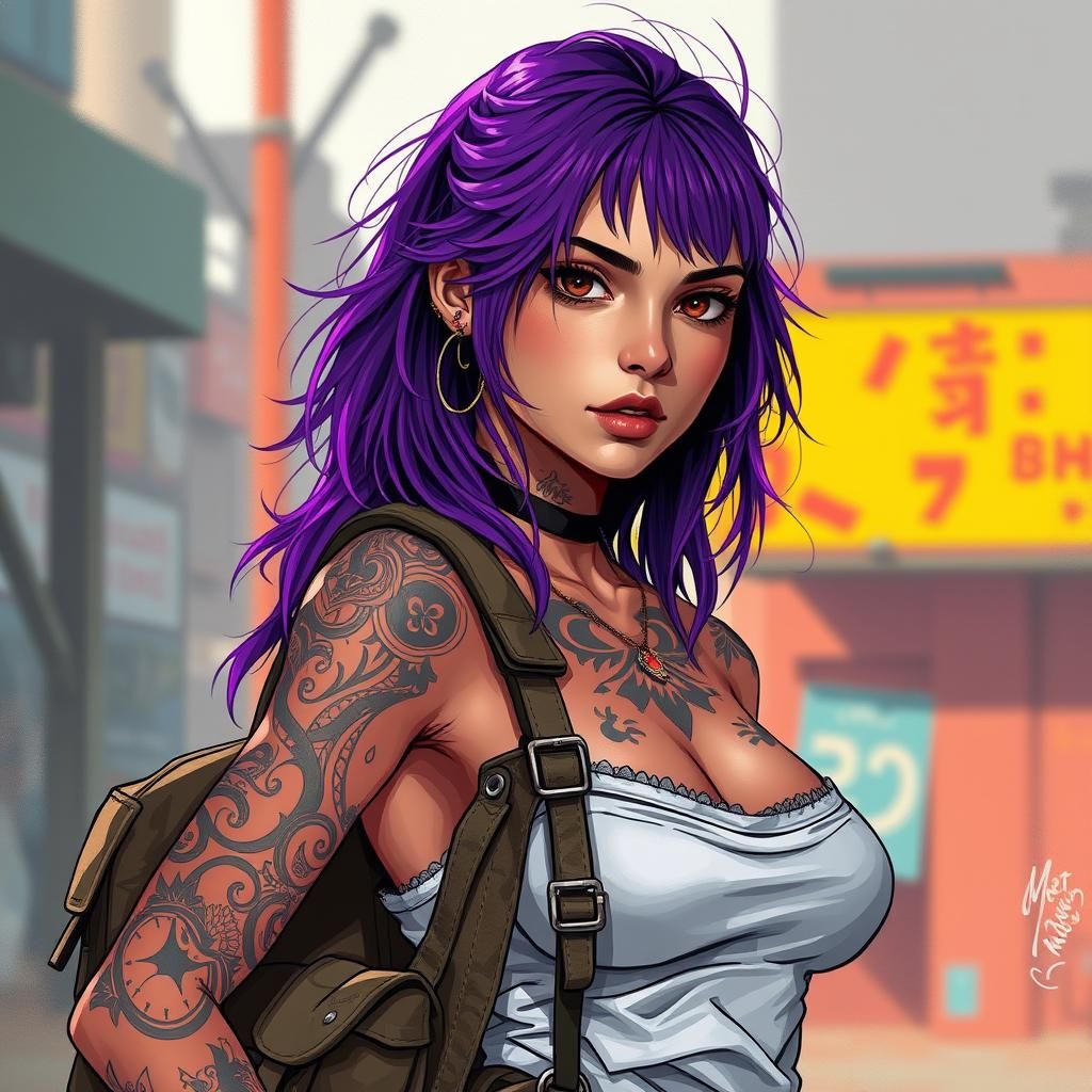 Cyberpunk Woman with Purple Hair and Tattoos