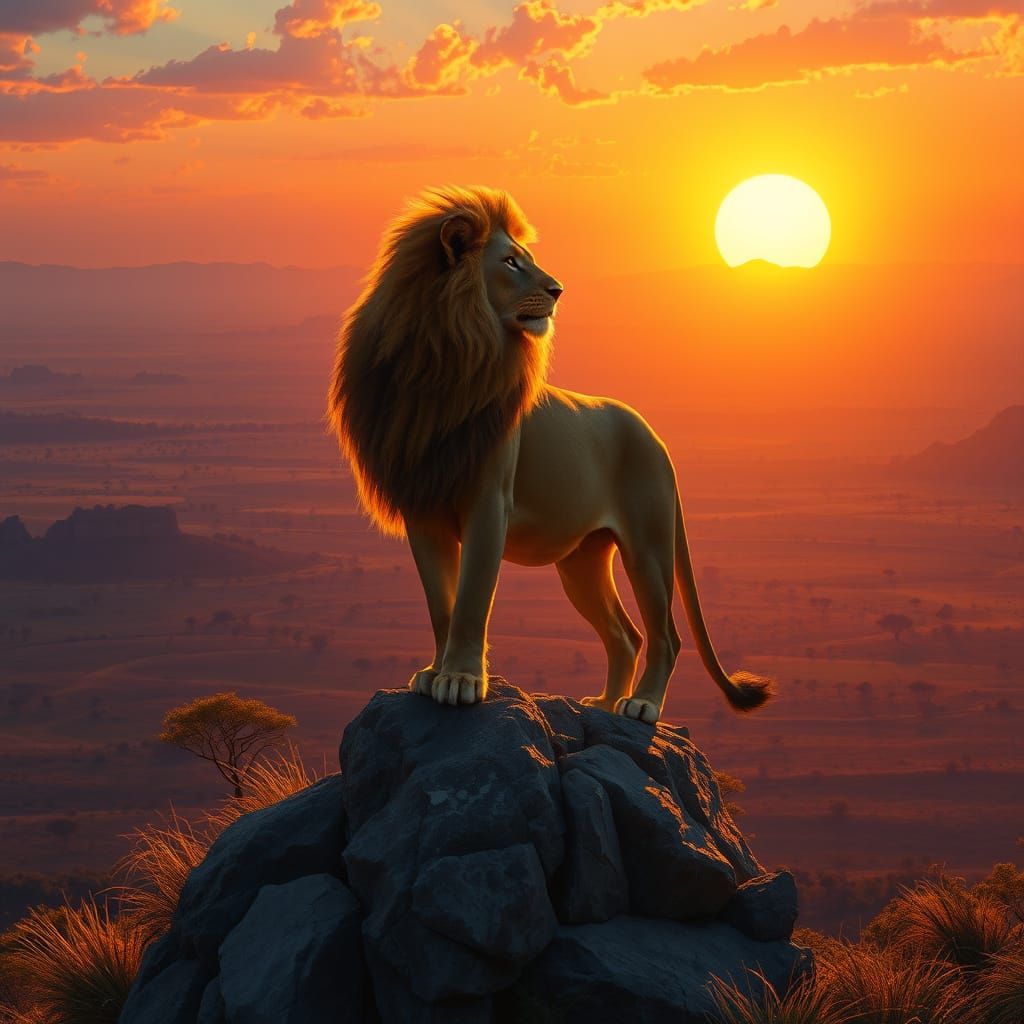 Majestic Lion in Golden Light of African Sunset