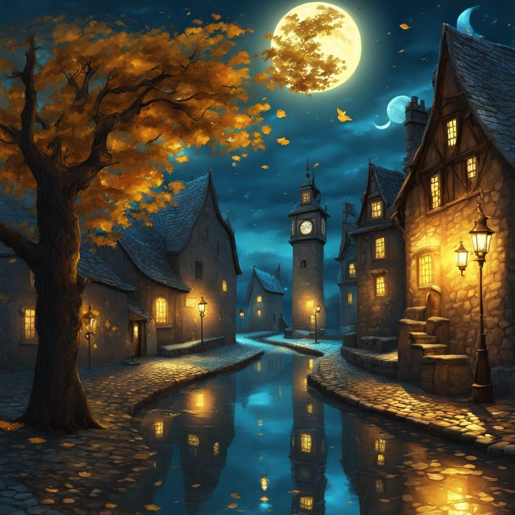 Medieval Night Street with Moonlit Lantern Reflections