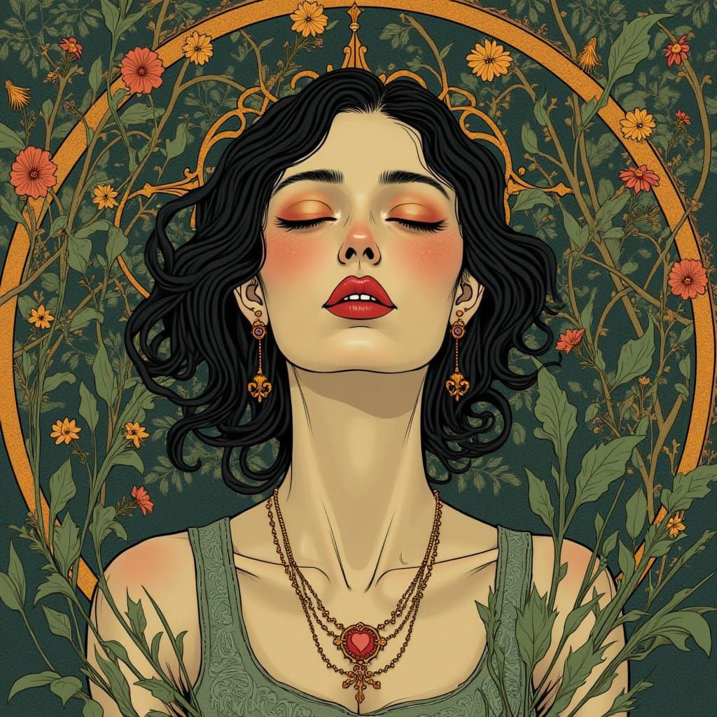 A Woman Lost in Lush Art Nouveau Dreams