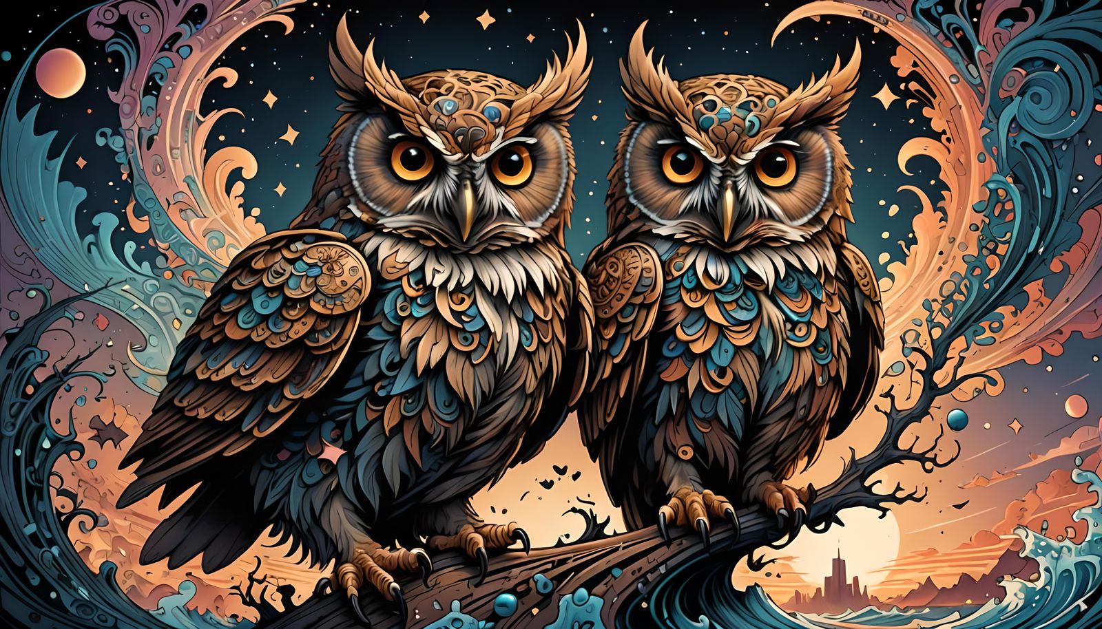 Two Owls in Comic Book Art Style