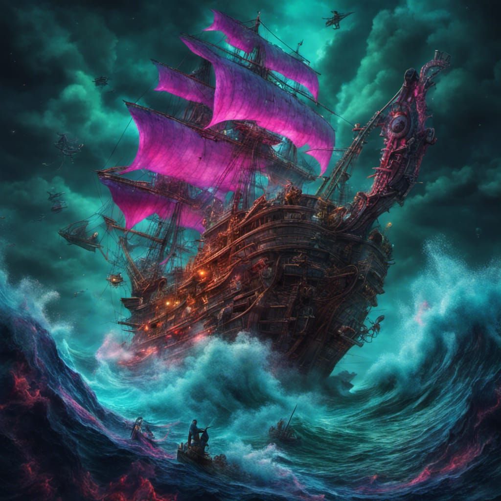 Neon Kraken Attacks Pirate Ship in Vivid Detail