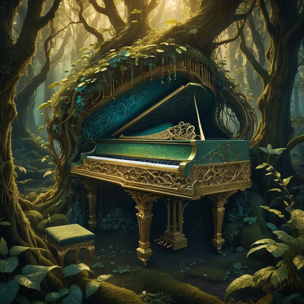 Golden Piano in Mystical Forest, Detailed Matte Painting