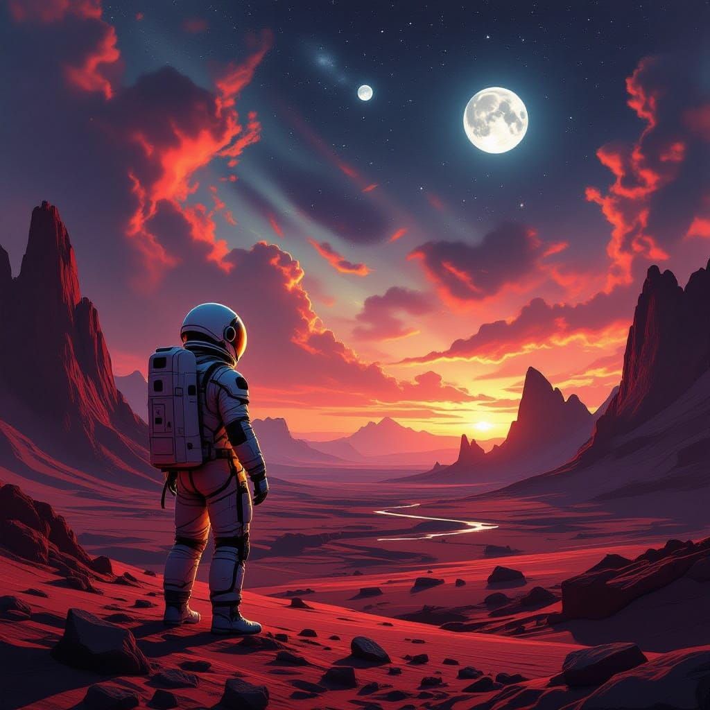 Astronaut on Alien Planet Under Nebula Sky