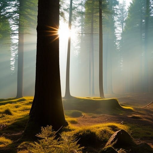 Joyful Forest Scene with Sunlit Pine and Campfire