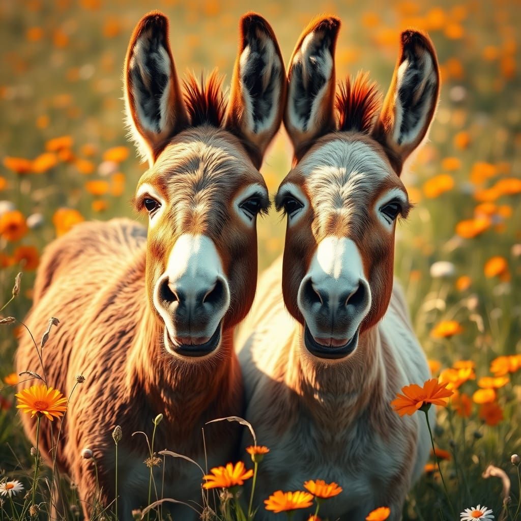 Brown and White Donkeys in Vibrant Wildflower Field