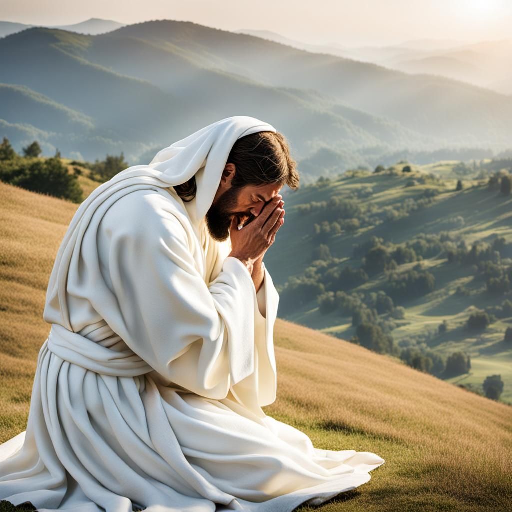 Jesus Praying on a Hill in White Robe