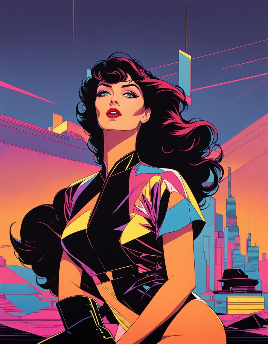 album cover movie poster by Patrick Nagel, vaporwave, bold expressive woman, minimalist stylized illustration style, cle...