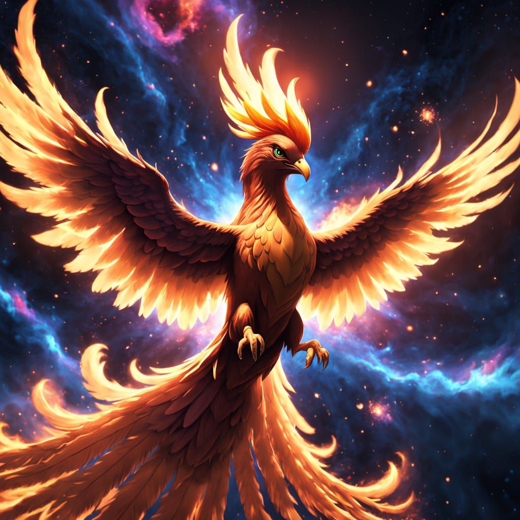 Phoenix Soaring Through Nebula in 3D Anime Art