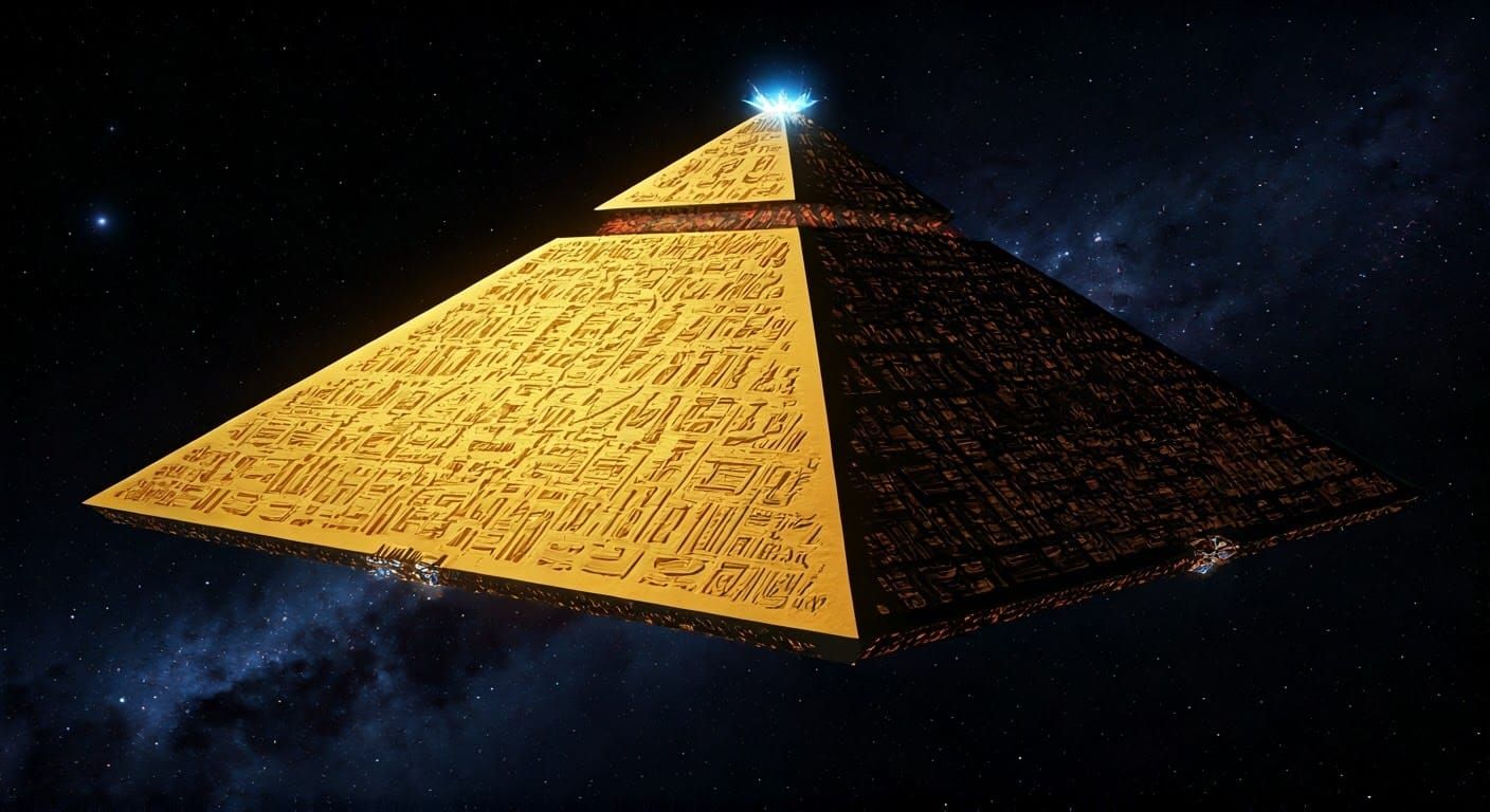 A majestic golden pyramid-shaped spaceship,