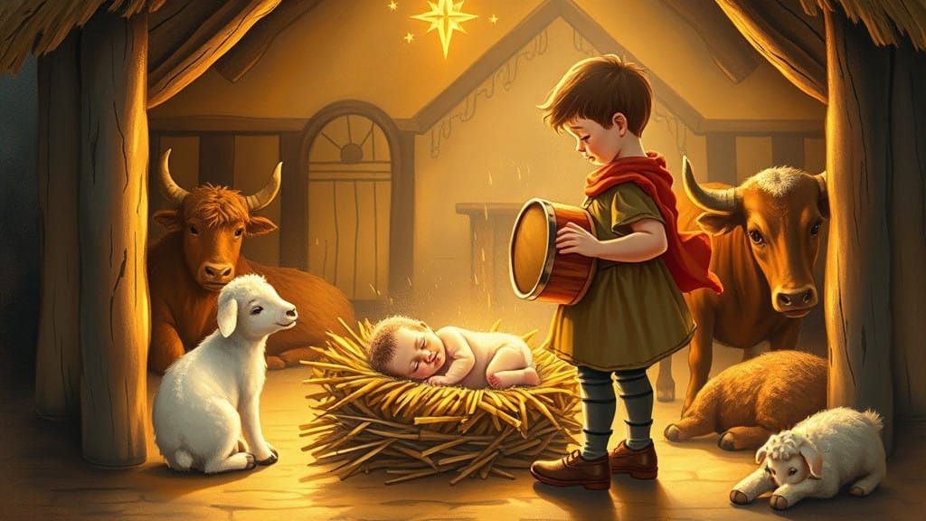 A Little Drummer Boy Plays for a Smiling Baby in a Nativity...