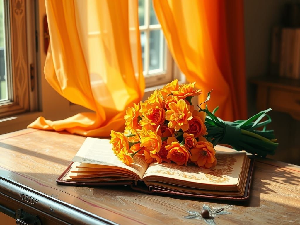 Warm Golden Light Fills a Cozy Room with Orange Flowers and ...