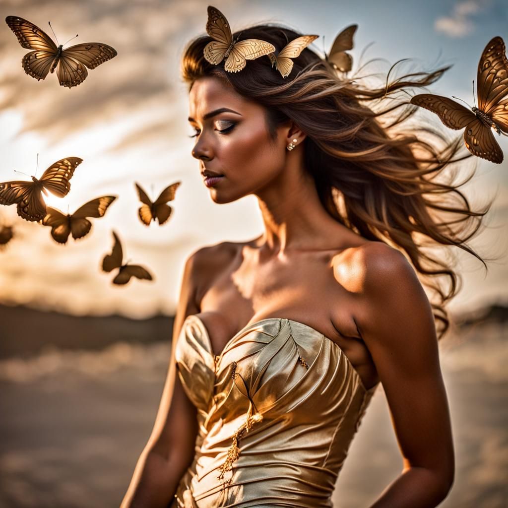 Golden Woman in Ornate Dress: Photorealistic Close-up