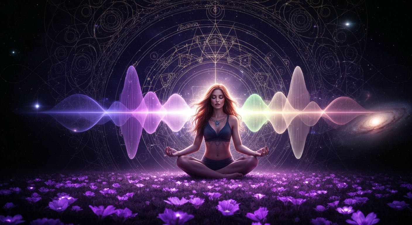 Meditative Woman in Cosmic Dark Fantasy Setting