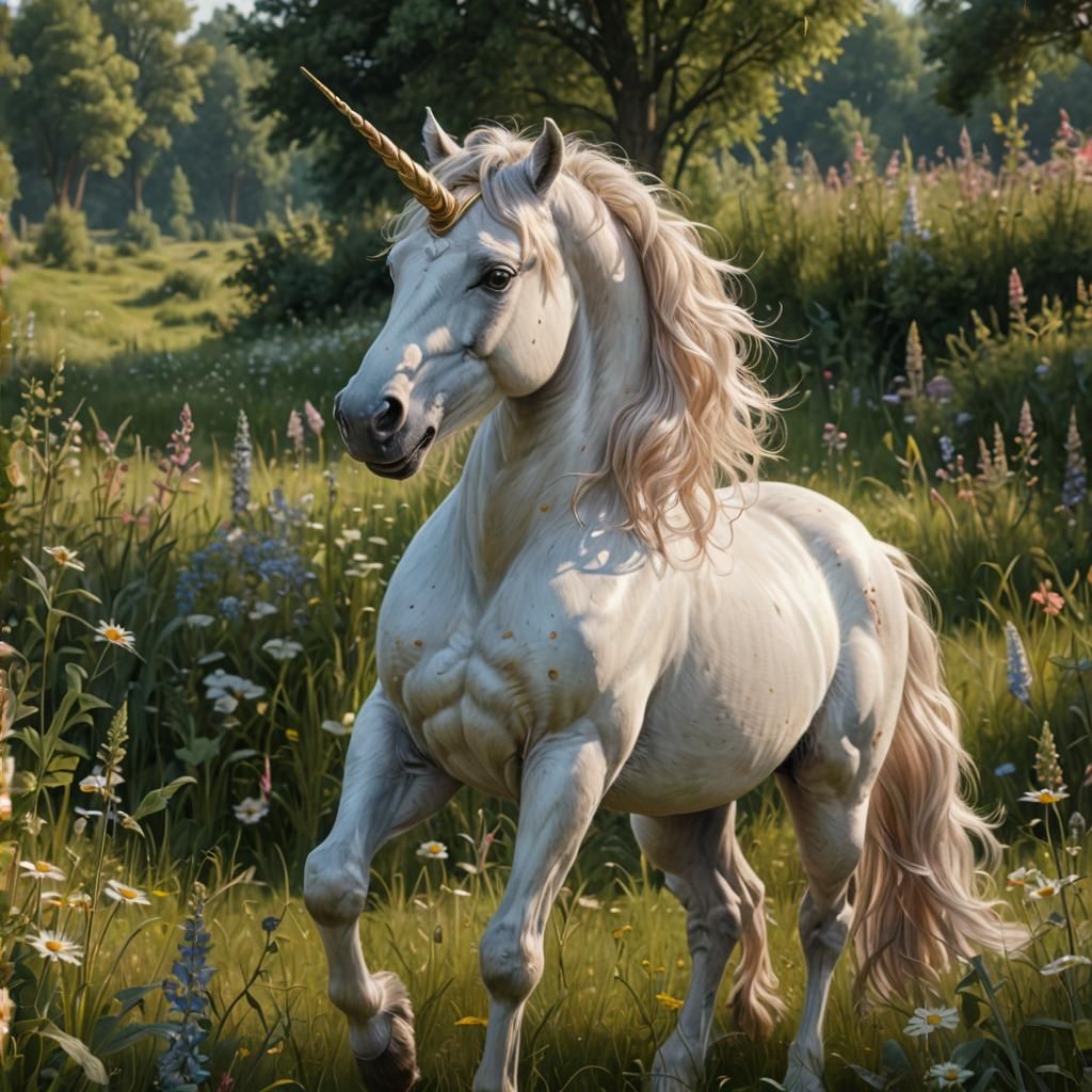 A Hyperrealistic Unicorn in a Lush Meadow