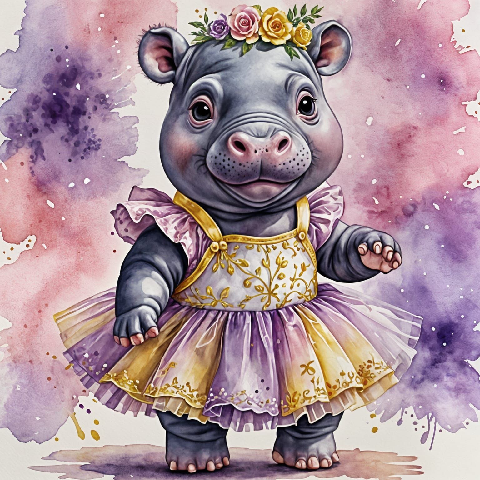 Cute Hippo Ballerina in Watercolors for Nursery