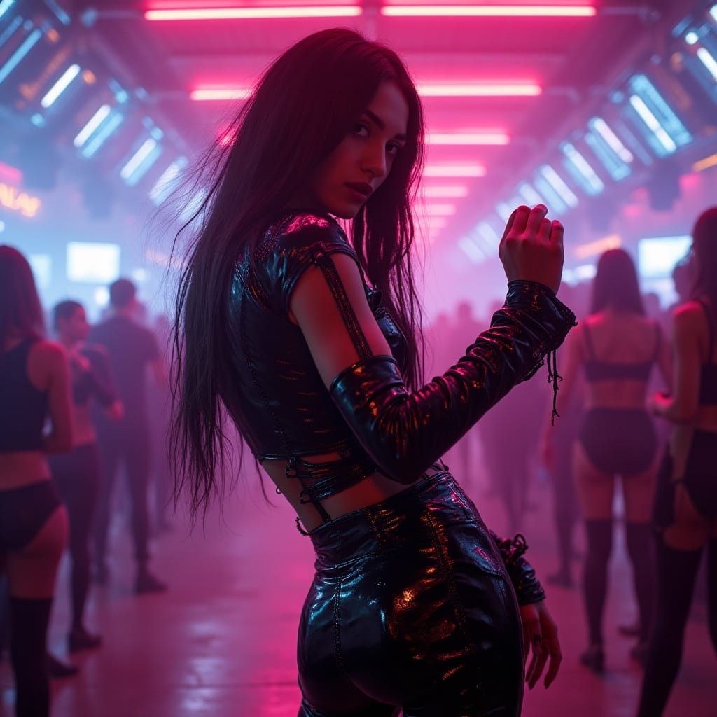 Cyberpunk Woman Dancing in Neon Lit Nightclub