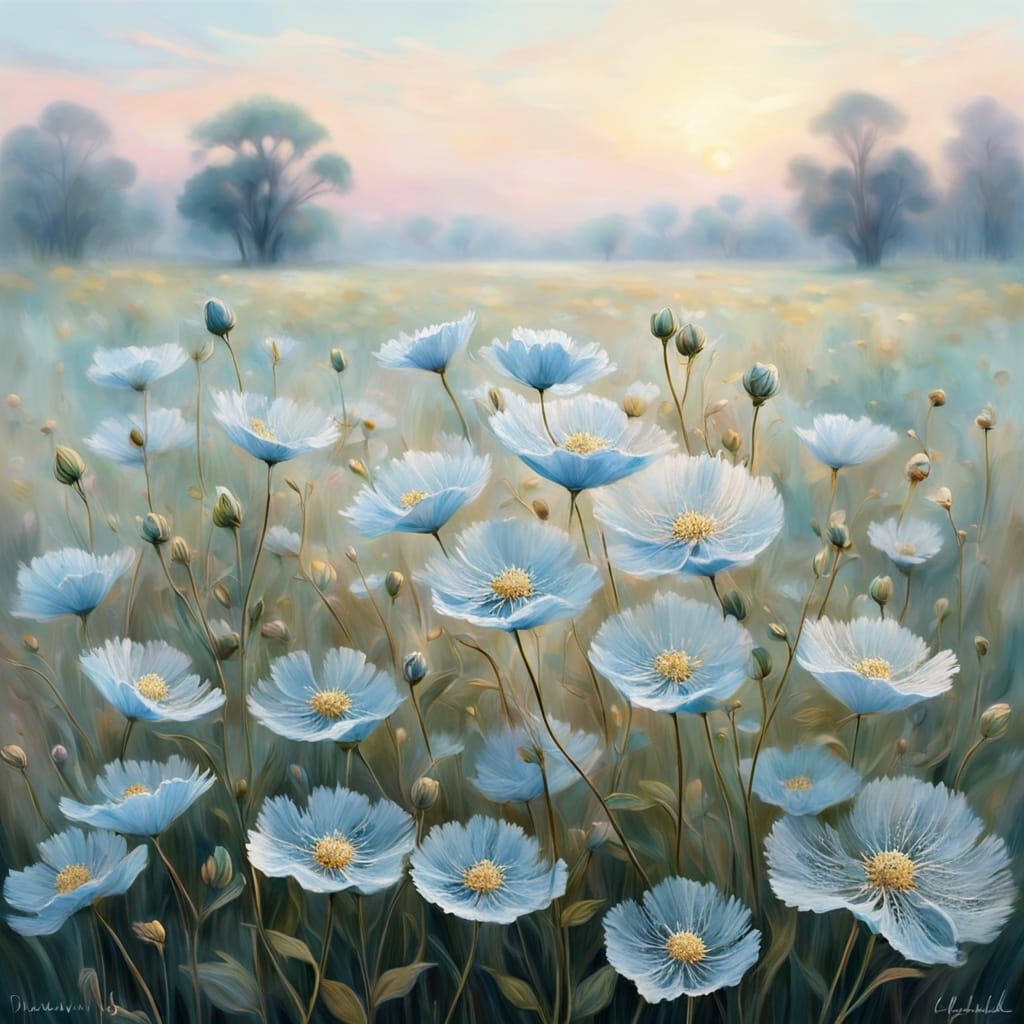 Ethereal Pale Blue Flower Field in Impressionist Style