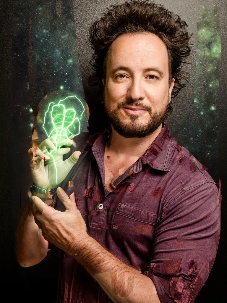 Giorgio Tsoukalos with the body of a tall grey-green colored alien