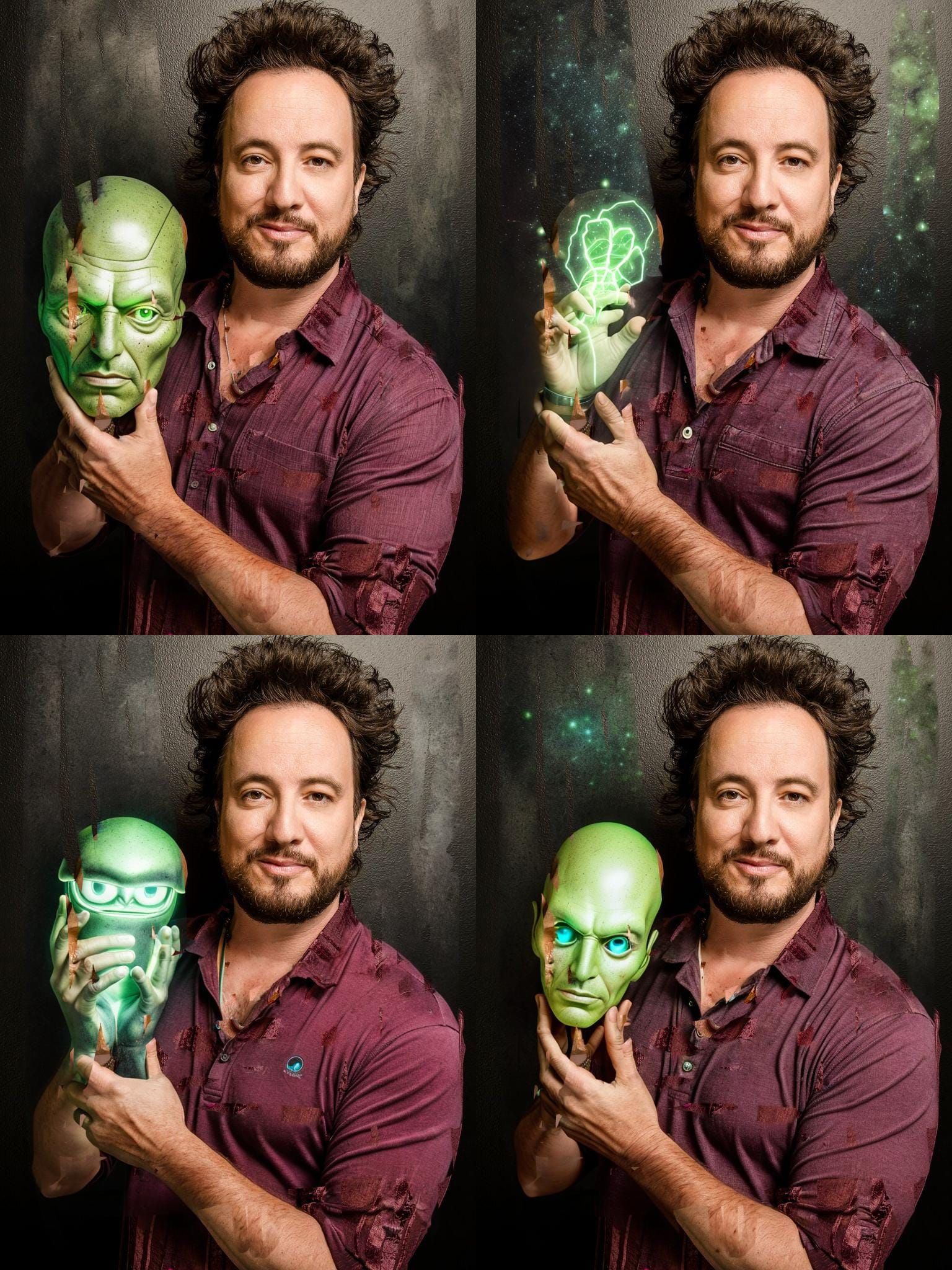 Giorgio Tsoukalos with the body of a tall grey-green colored alien