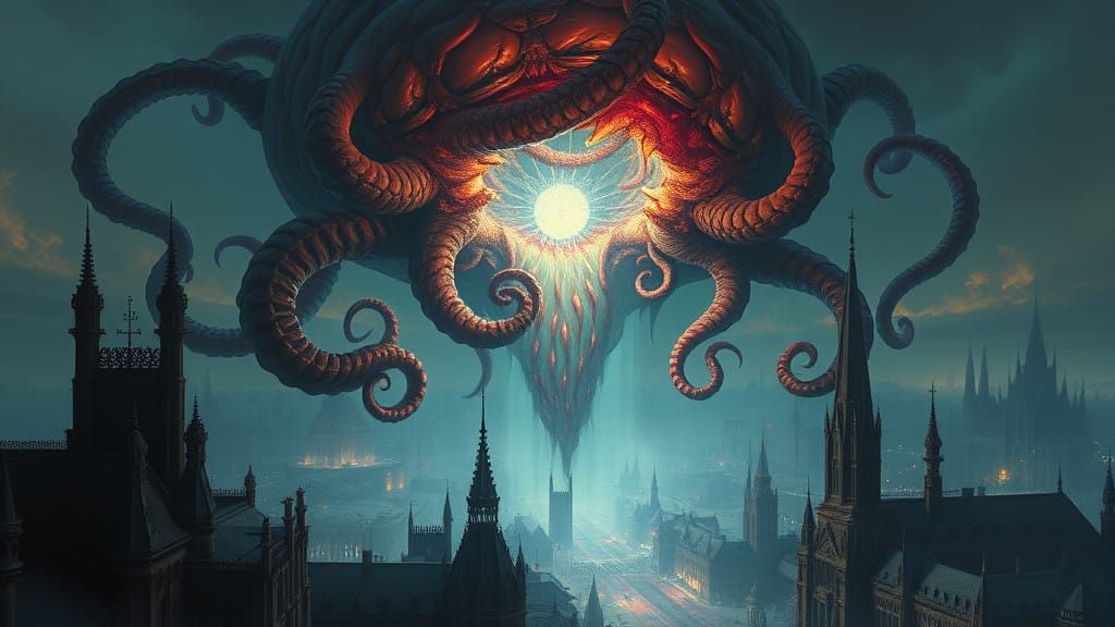 Eldritch Horror Consumes Portal above Gothic Fantasy City