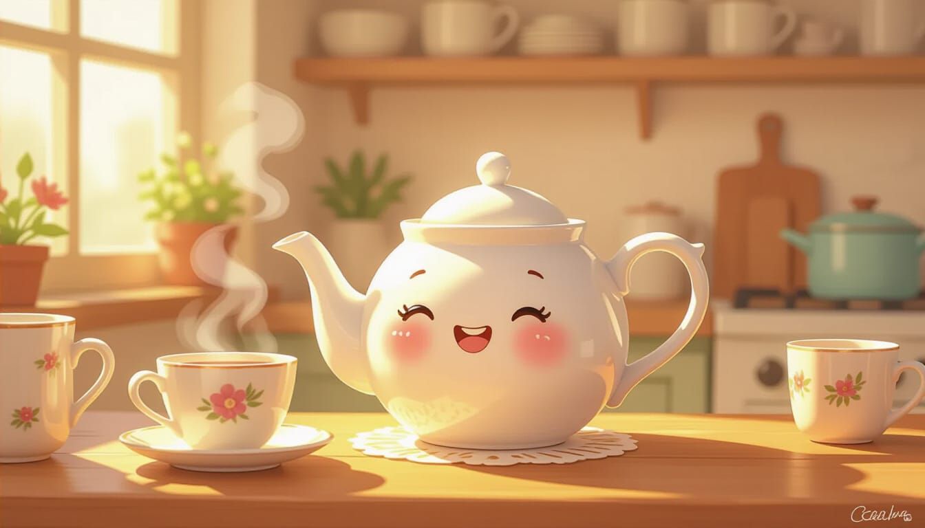 Smiling Teapot Serves Tea in Cozy Kitchen Watercolor