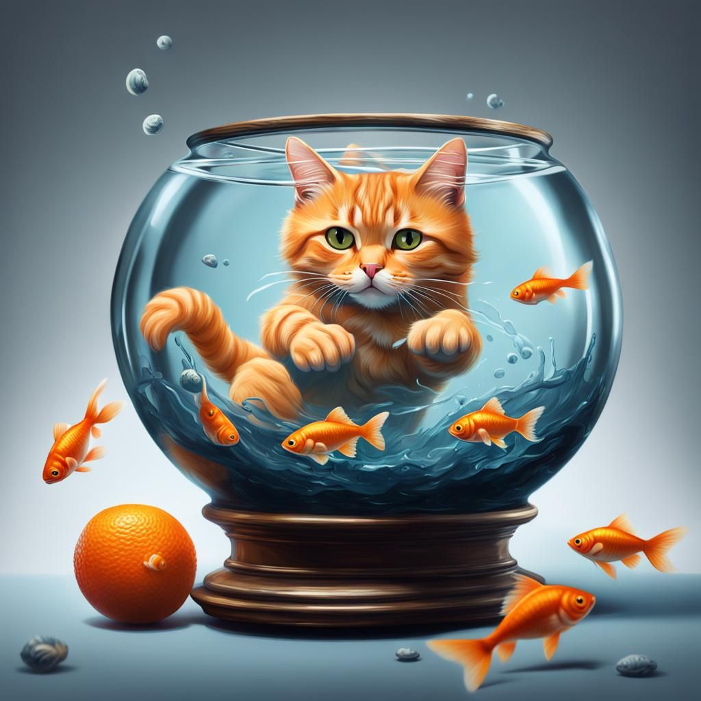 Tabby Cat Goldfish Bowl: Digital Oil Painting