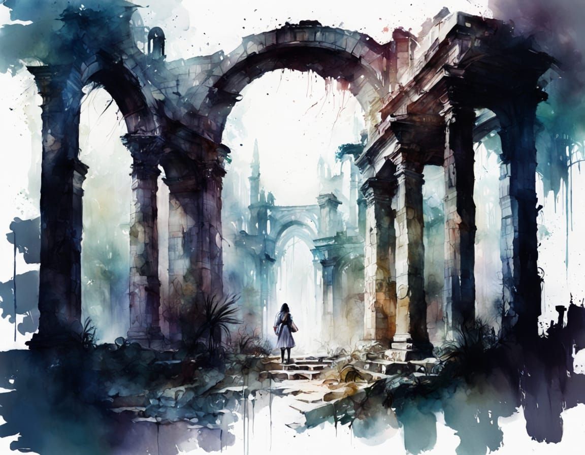 Ancient Cobbled Ruins in Ethereal Watercolour Style