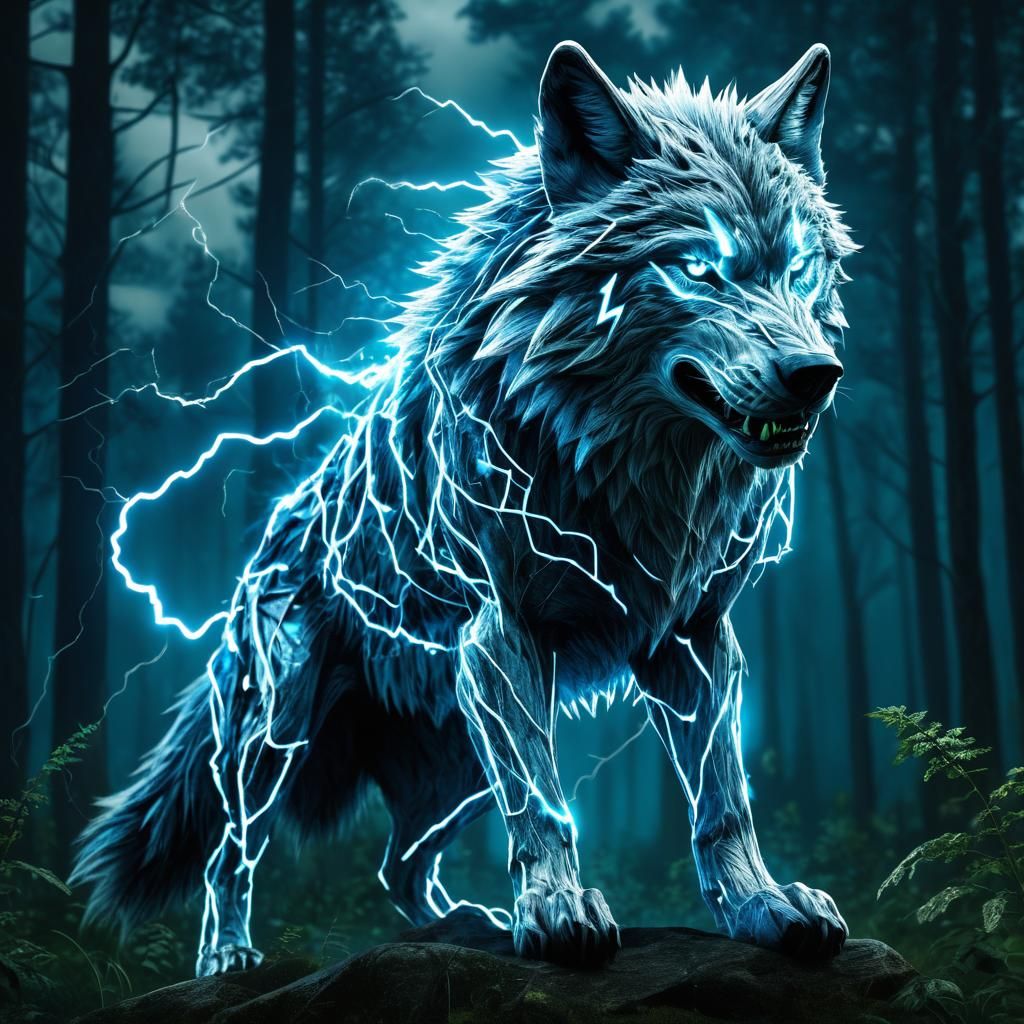 Electric Lightning Wolf in Forest Detail