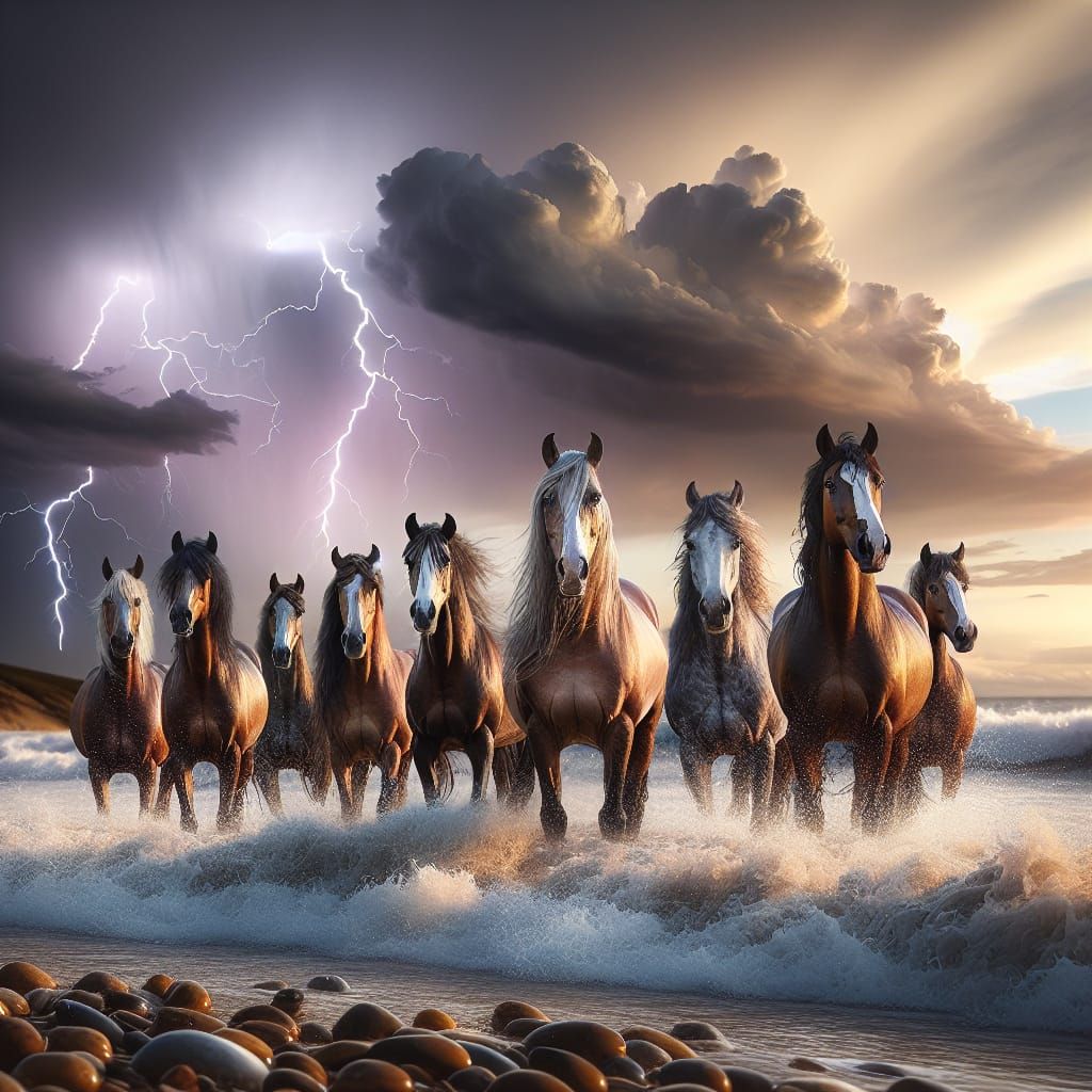 Horses at the Seashore with Dramatic Lightning