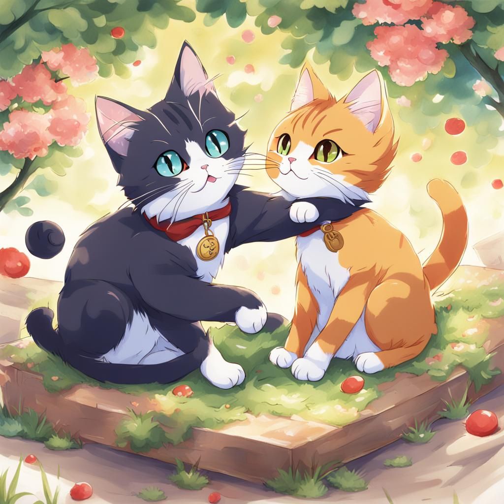 Two Cats Playing Together in Anime Style