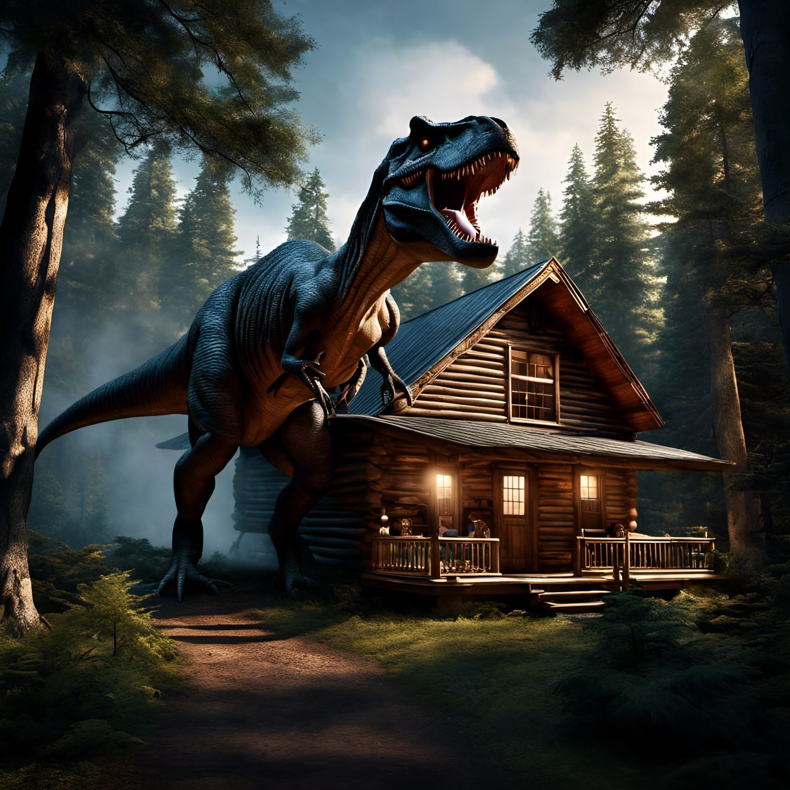 T-Rex Attacks Cabin in Hyperrealistic Forest Scene