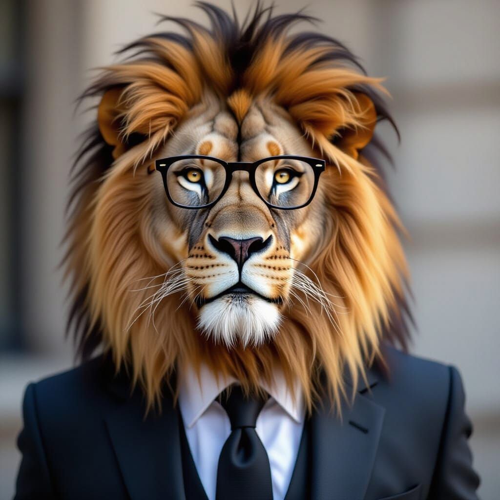 Lion in Suit and Glasses Portrait