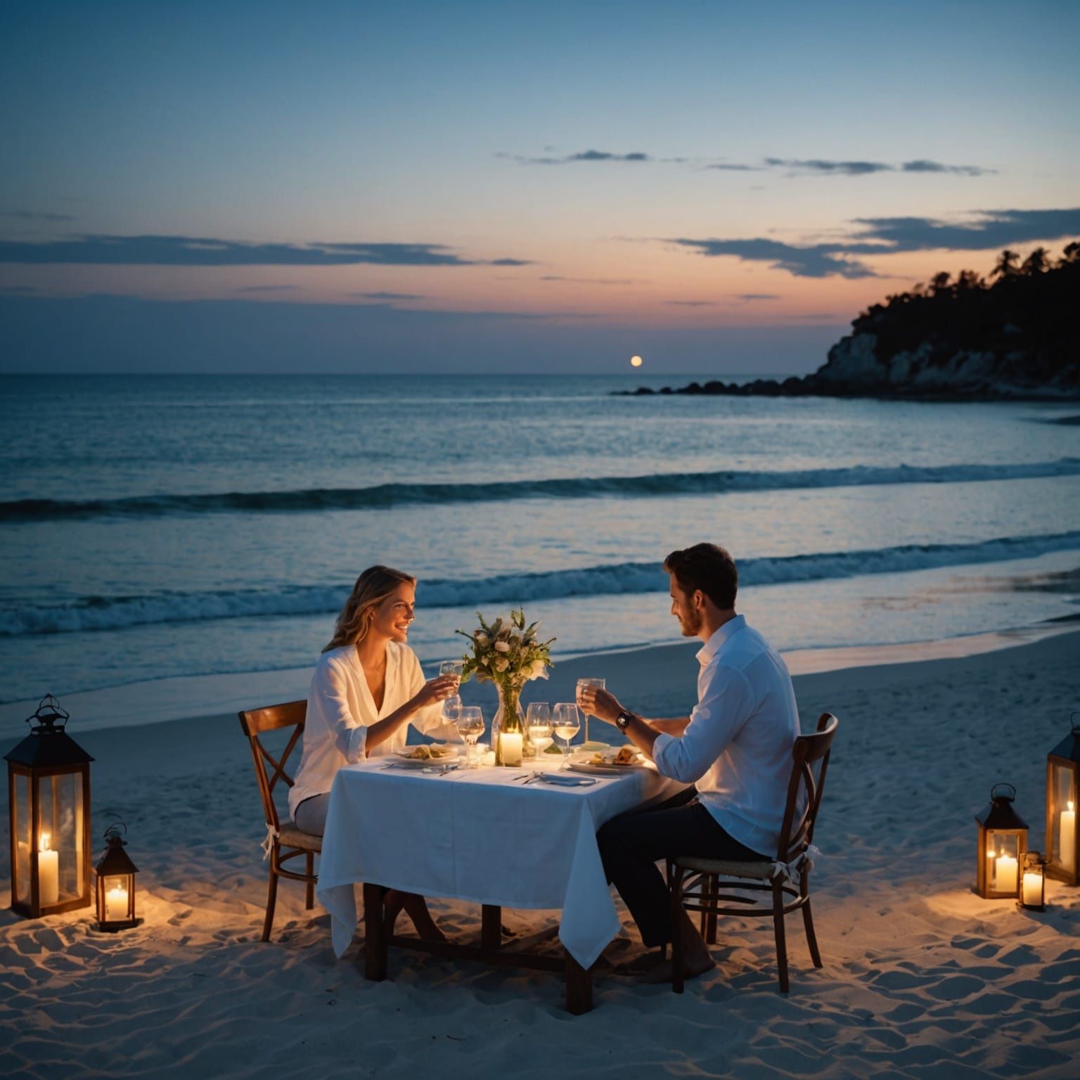 Romantic Beach Dinner Under Moonlight, Professional Photogra...