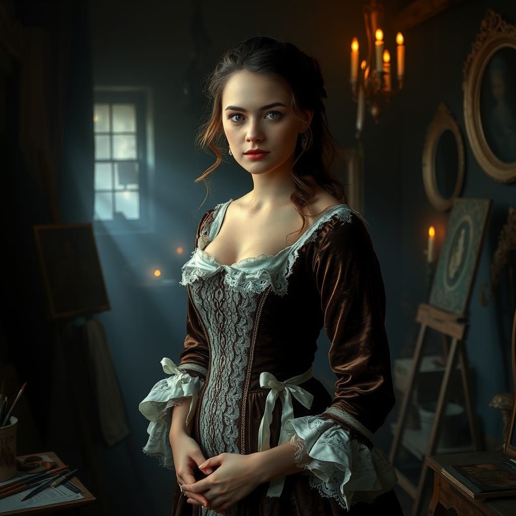 A painter executes a drawing of a beautiful woman, and brings her to life.  Caravagian lightning. Mysterious, foggy atte...