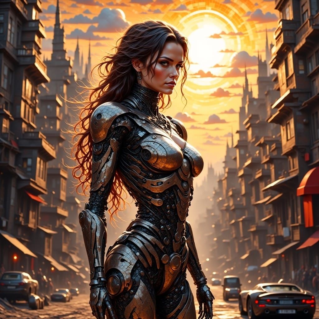 Cyborg in Dystopian City with Tiled Sun Effect