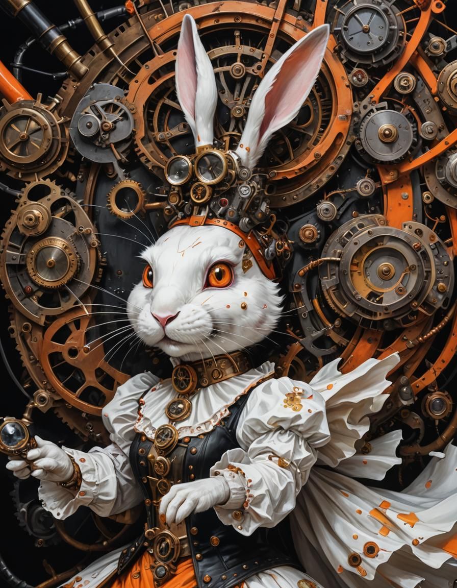 A Crazy steampunk white rabbit
